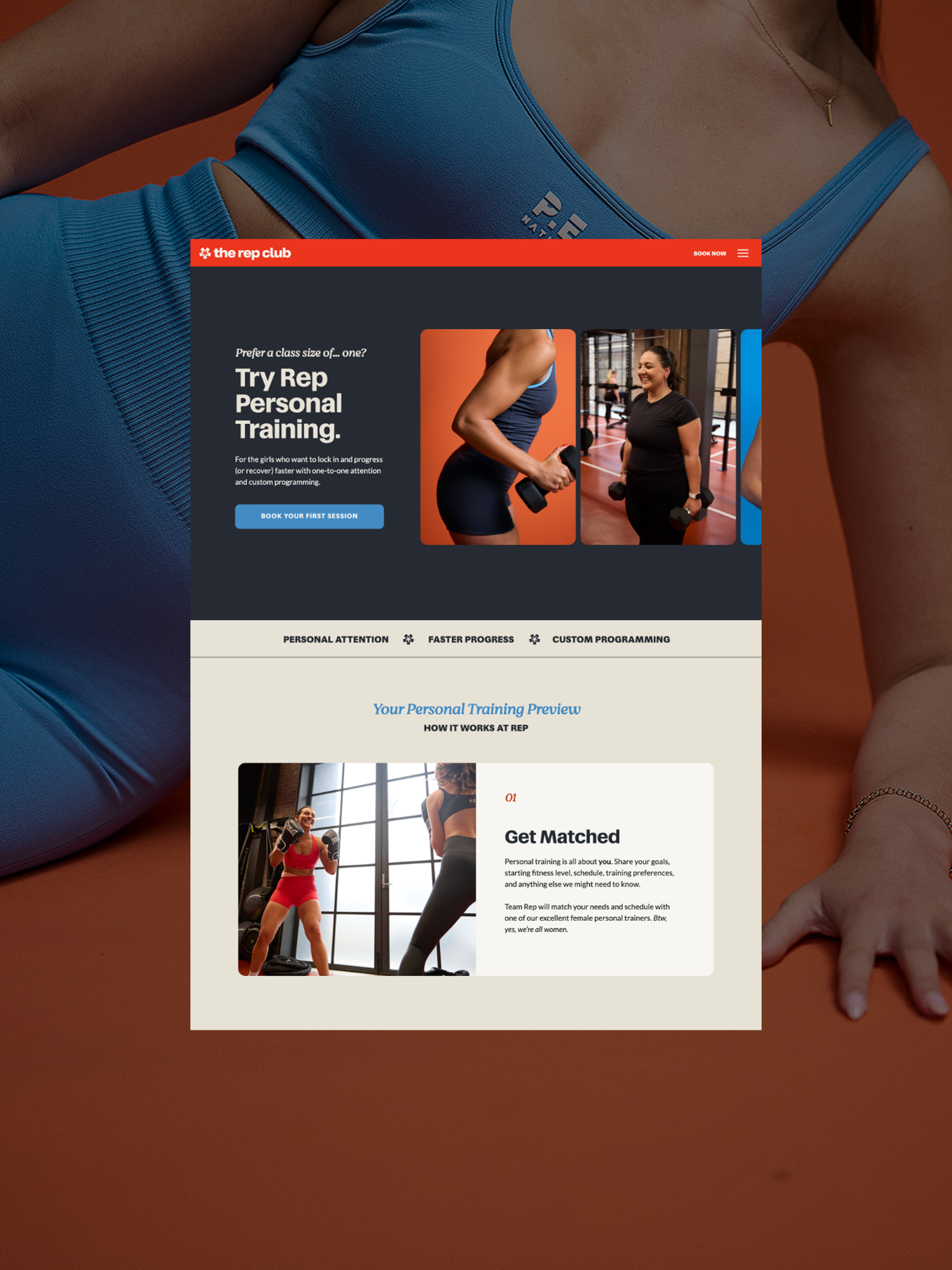 Website design mockup for The Rep Club's Personal Training page showing "Try Rep Personal Training" headline on slate background with trainer photography and a "How It Works" section, designed by Christie Evenson Design Studio on Showit