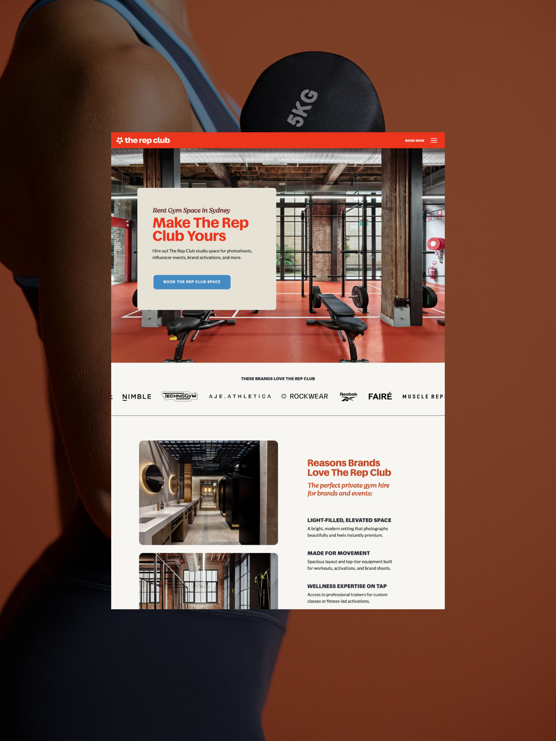 Website design mockup for The Rep Club's Studio Hire page showing "Make The Rep Club Yours" headline over a full-width image of the Redfern studio interior, with a brand partner marquee featuring Nimble, Aje Athletica, Reebok, and Rockwear, designed by Christie Evenson Design Studio on Showit