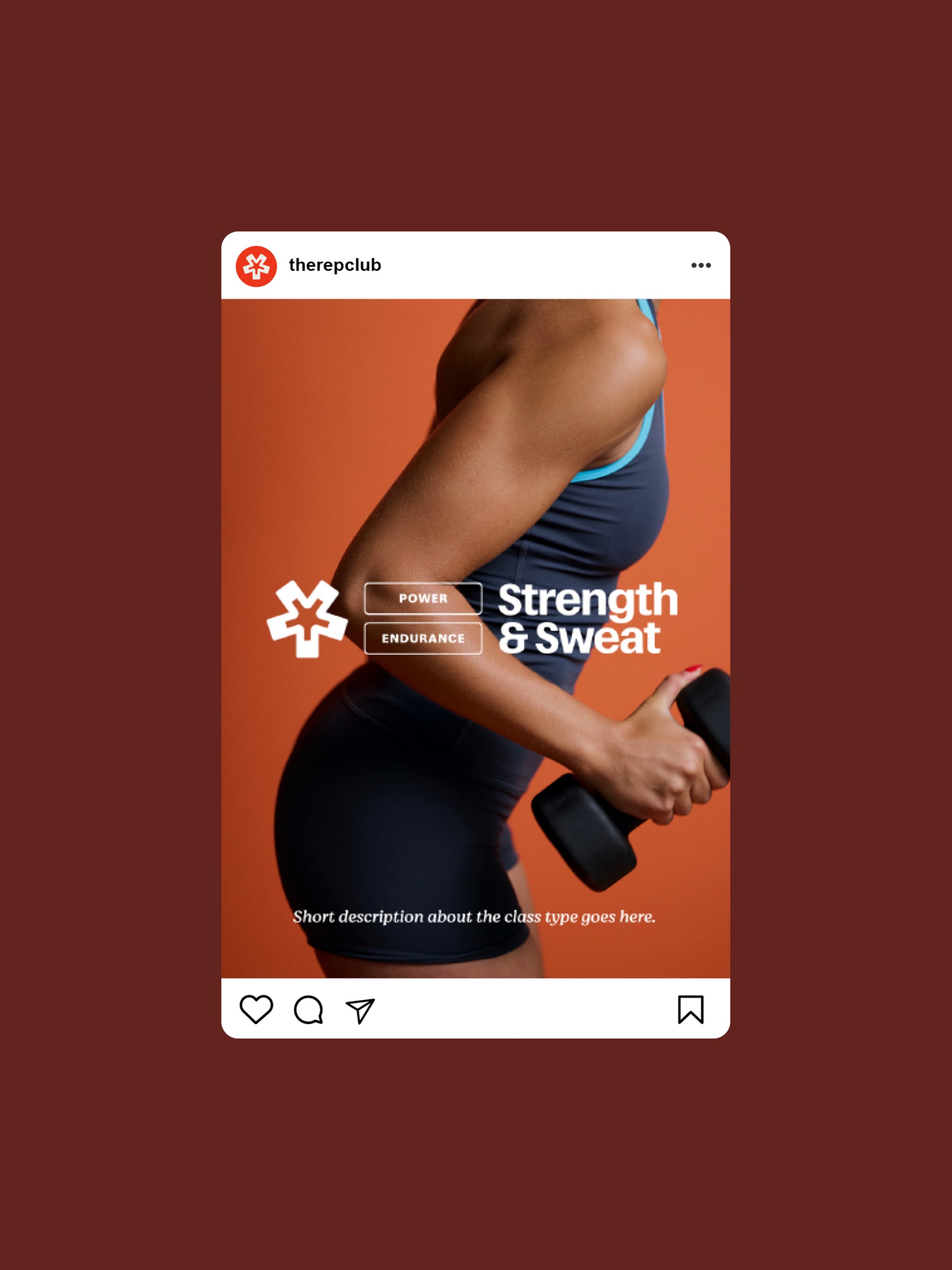 Branded Instagram social media template for The Rep Club showing a "Strength and Sweat" class type post with a woman holding a dumbbell on a terracotta background, with Power and Endurance category tags and the brand icon, designed by Christie Evenson Design Studio
