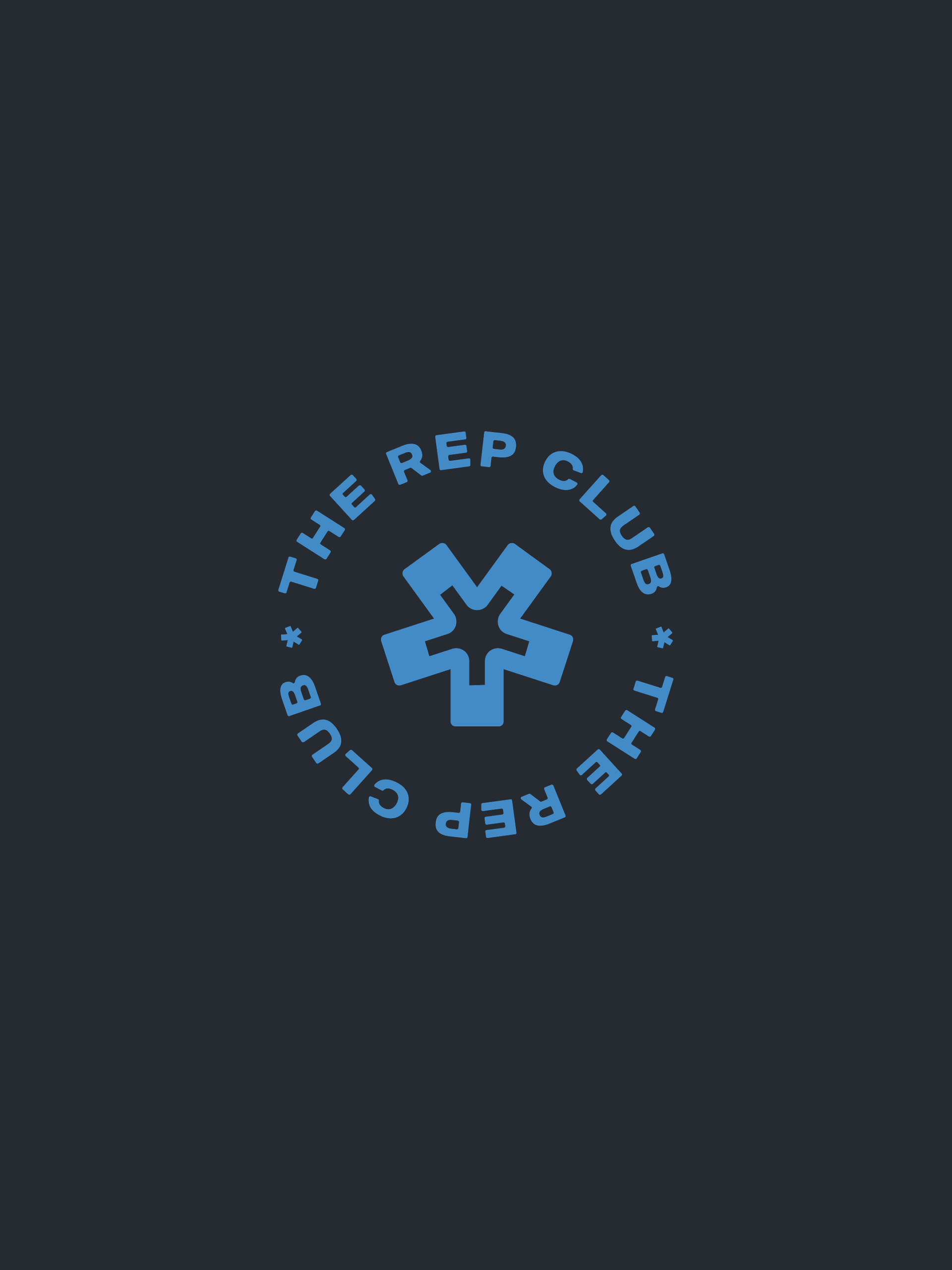 The Rep Club's circular badge logo displayed in sky blue on a slate dark background, featuring the five-pronged brand mark centered within the circular wordmark, part of the women's fitness studio logo suite designed by Christie Evenson Design Studio